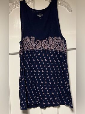 J. Crew navy tank top with pale pink paisley design